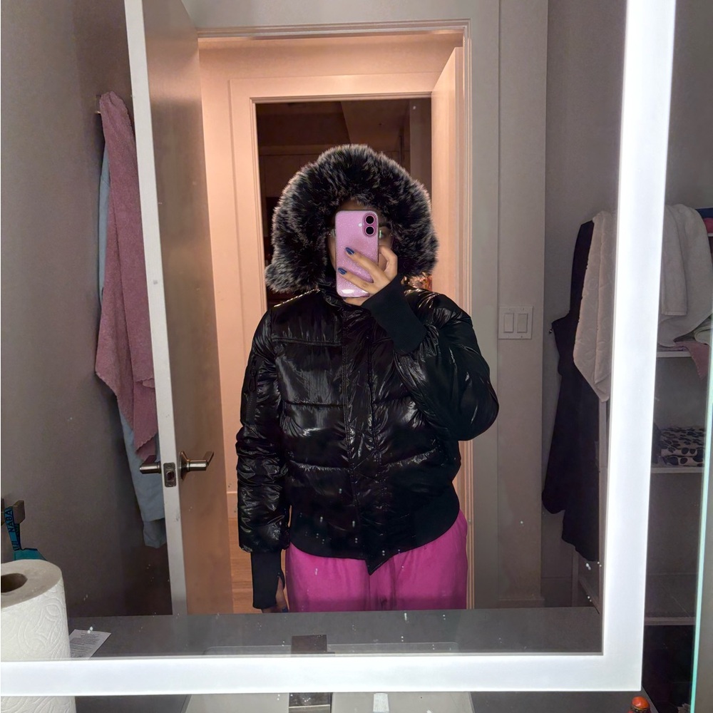 Women's Black Puffer Jacket with Faux Fur Hood